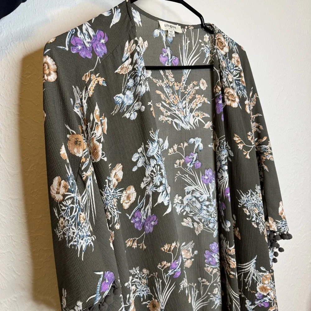 UMGEE Grey Boho Floral Kimono Pom Pom Cottagecore | Size M/L - Picture 2 of 6